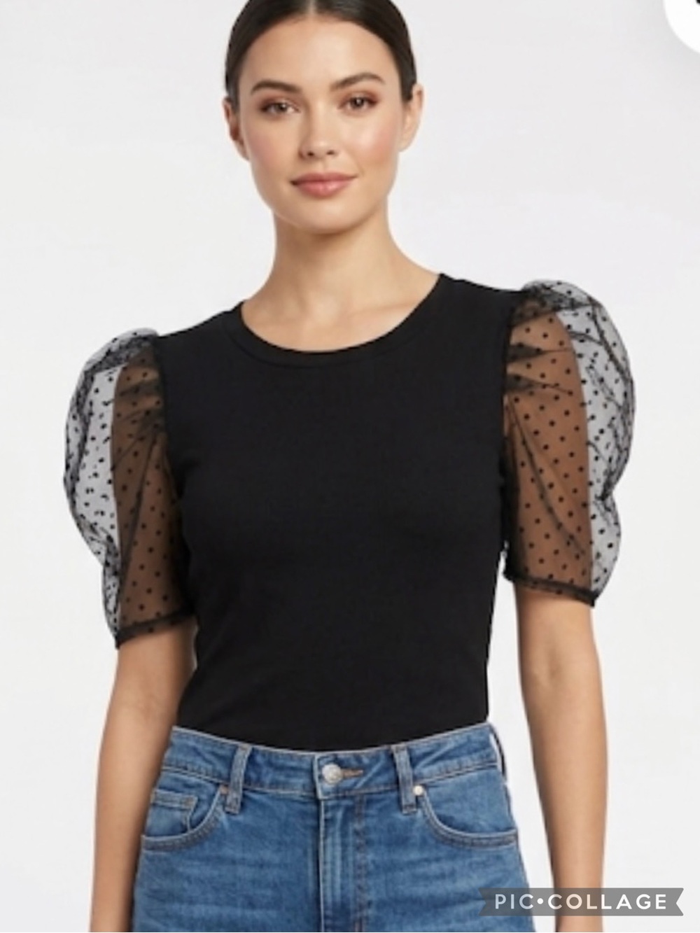 June & Ivy Top Black Mesh Swiss Dot Puff Sleeve Knit T-Shirt S Quiet Luxury
